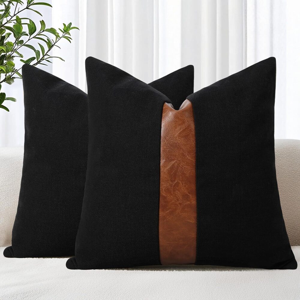 5838 18 by 18 inch Black Linen Throw Pillow Covers with Brown Faux Leather